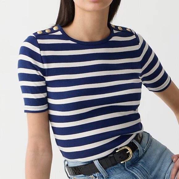 J.Crew Perfect-fit elbow-sleeve T-shirt in stripe with gold buttons - Size Large - Picture 1 of 11